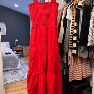 Quince 100% Organic Cotton Gauze Smocked Sleeveless Maxi Dress, Red, XS